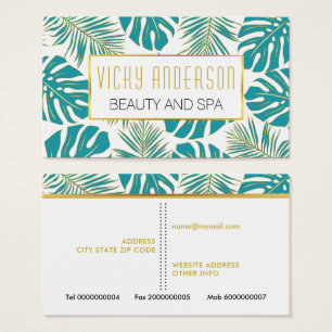 Teal blue, gold tropical monstera and palm leaves