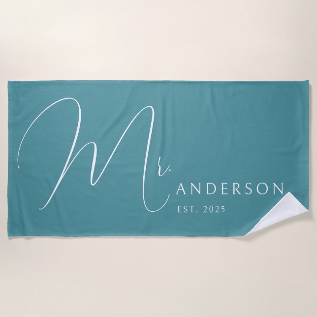 Teal Blue Newlyweds Mr Name Personalized Honeymoon Strandtuch (Vorderseite)