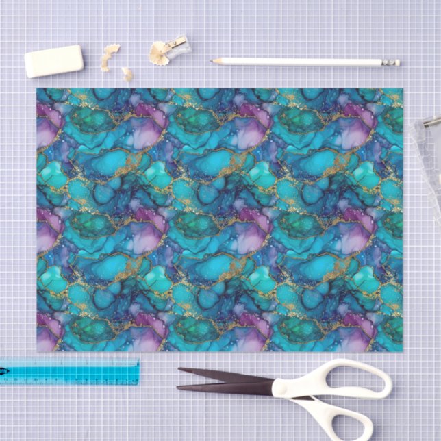 Teal Blue Purple Green Gold Watercolor Decoupage  Seidenpapier (Handwerk)