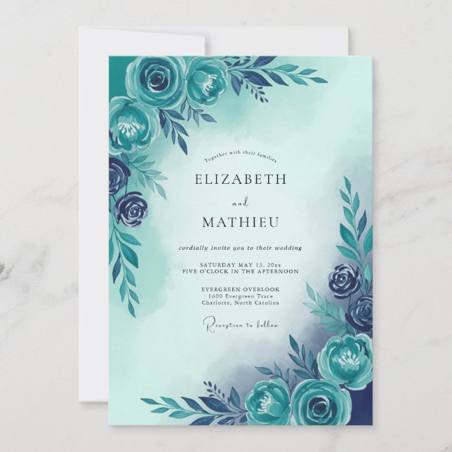 Teal Blue Serene Botanical Wedding Einladung (Vorderseite)