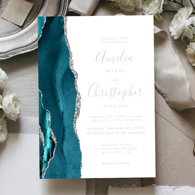 Teal Blue Silver Agate Modern Script Wedding Folieneinladung (Von Creator hochgeladen)