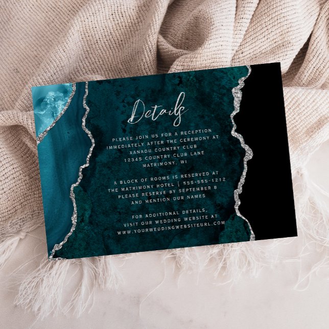 Teal Blue Silver Agate Script Wedding Details Begleitkarte (Von Creator hochgeladen)
