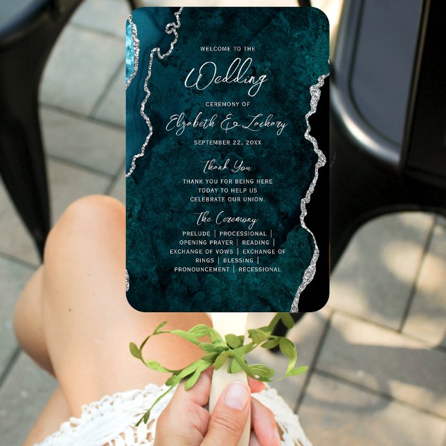 Teal Blue Silver Agate Script Wedding Program Fächer (Von Creator hochgeladen)
