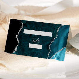 Teal Blue Silver Agate Script Wedding Table Platzkarte