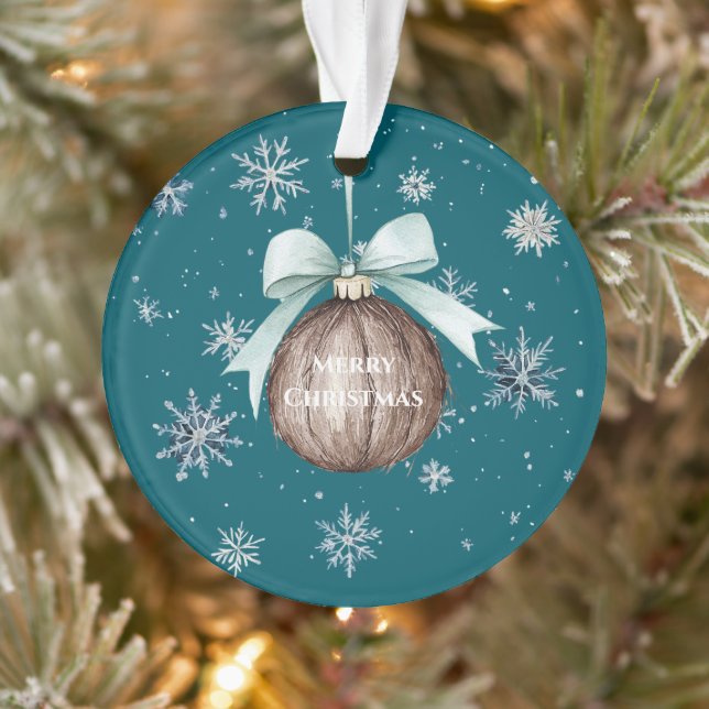 Teal Blue Snowflakes Christmas Coconut Bow Ornament (Baum)