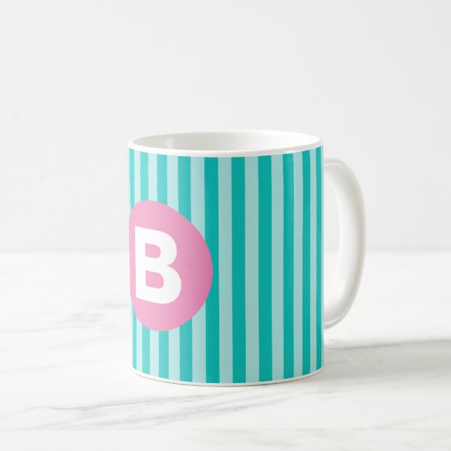 Teal Blue Vertical Striped Pink Circle Monogram Kaffeetasse (VorderseiteRechts)