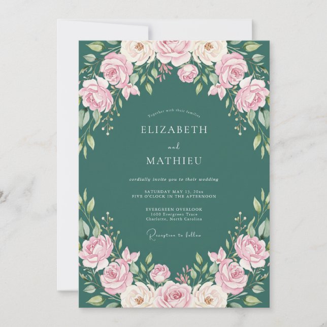 Teal blühende Rosenhochzeit Einladung (Vorderseite)