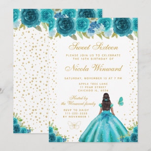 Teal Blumen Dunkle Haut Prinzessin Sweet Sixteen Einladung