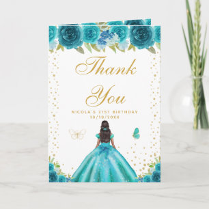 Teal Blumen Geburtstag dunkle Haut Mädchen Dankeskarte