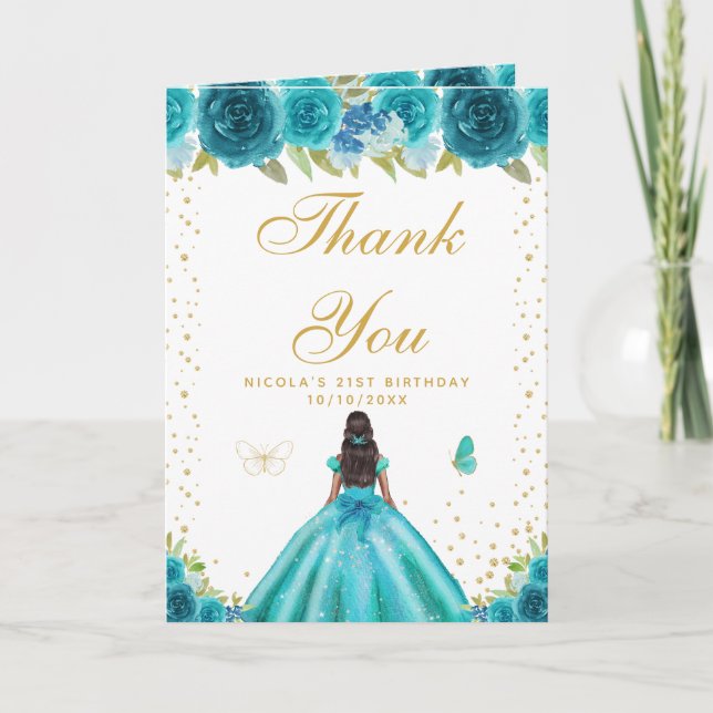 Teal Blumen Geburtstag dunkle Haut Mädchen Dankeskarte (Vorderseite)