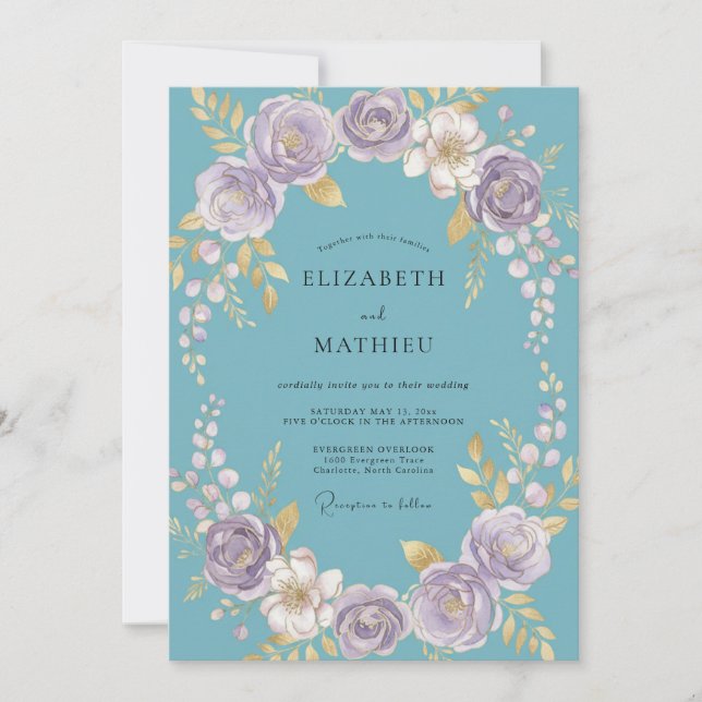 Teal Blumenkranz Hochzeit Einladung (Vorderseite)