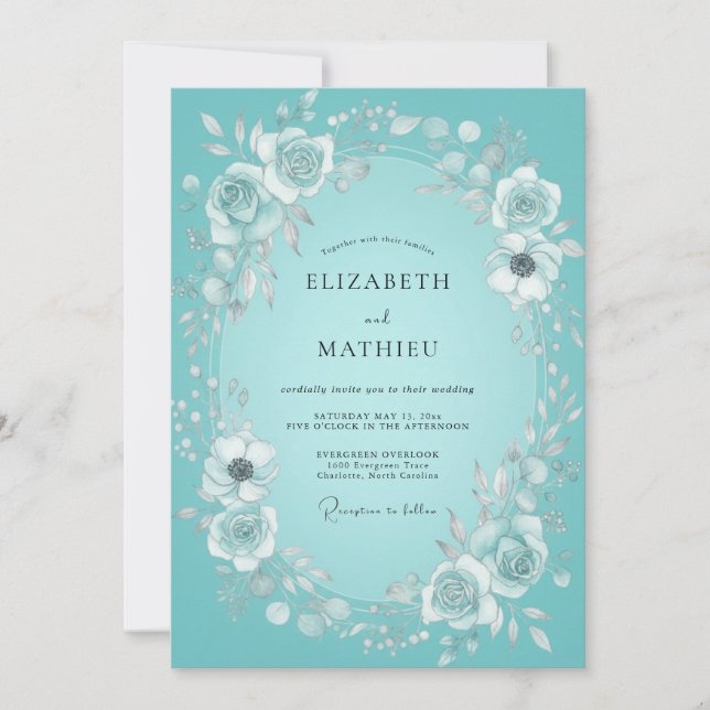 Teal-Blumenkranz-Hochzeit Einladung (Vorderseite)