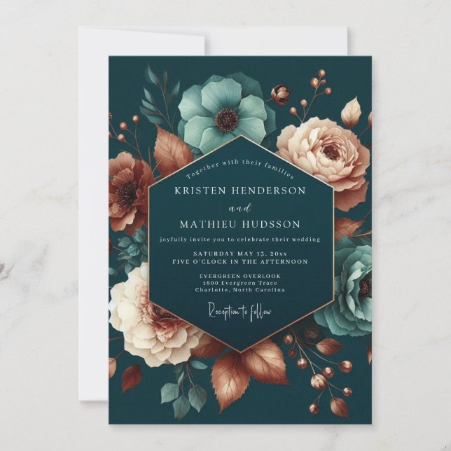 Teal Blush Anemone Wedding Einladung (Vorderseite)