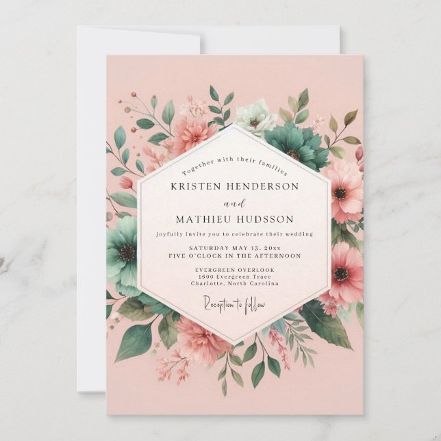 Teal Blush Aquarell-Hochzeit Einladung (Vorderseite)