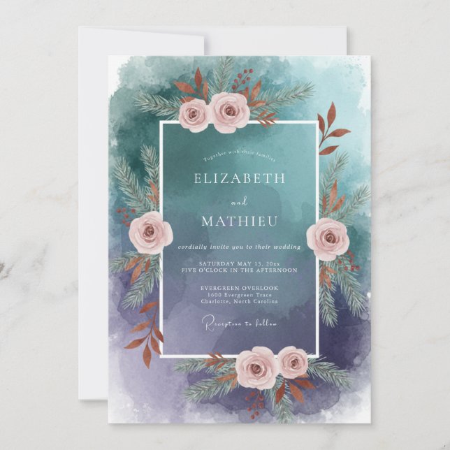 Teal-Blush-Blumen-Hochzeit Einladung (Vorderseite)
