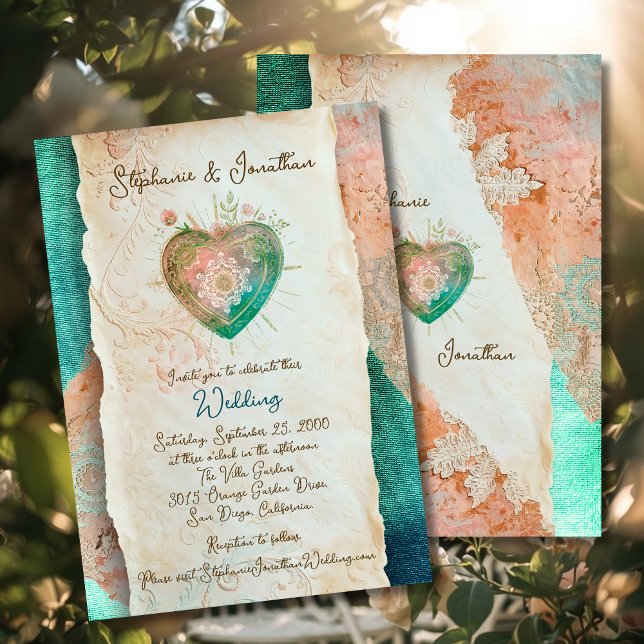 Teal Blush Lace Heart Baroque Romance Wedding Einladung (Von Creator hochgeladen)