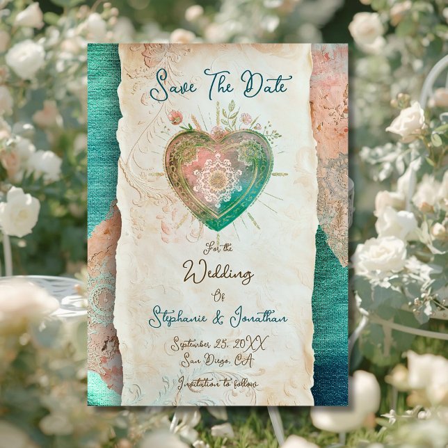 Teal Blush Lace Heart Baroque Save the Date (Von Creator hochgeladen)