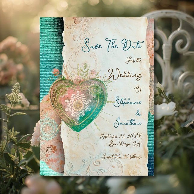 Teal Blush Lace Heart Rococo Wedding Save the Date (Von Creator hochgeladen)