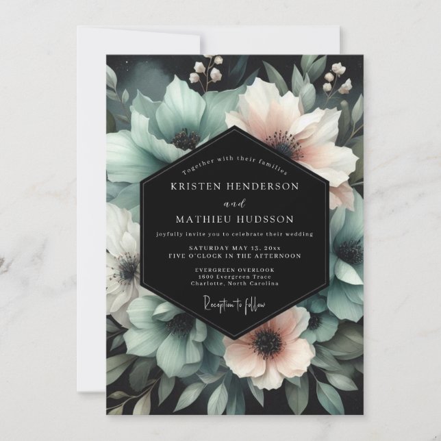 Teal Blush Midnight Bloom Hochzeit Einladung (Vorderseite)