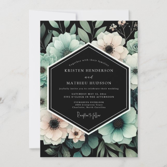 Teal & Blush Moody Floral Wedding Einladung (Vorderseite)