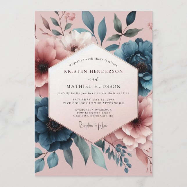 Teal Blush Painterly Bloom Wedding Einladung (Vorderseite)