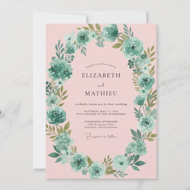 Teal Blush Petal Hochzeit Einladung (Vorderseite)