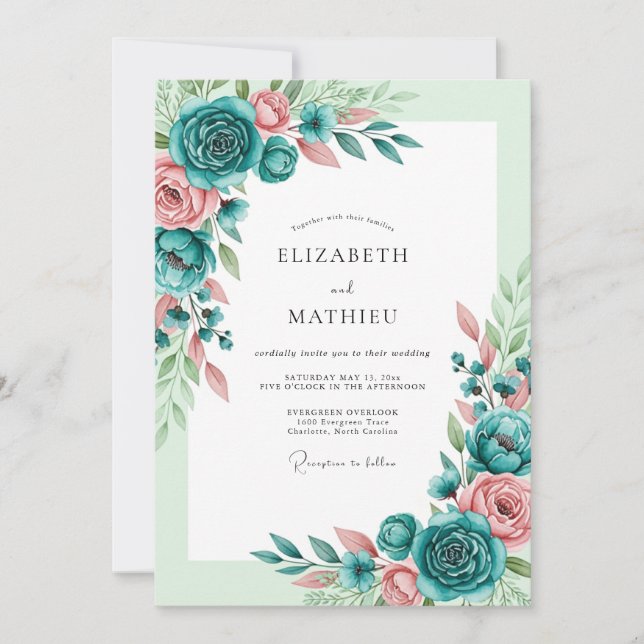 Teal Blush Romantische Frühlingshochzeit Einladung (Vorderseite)