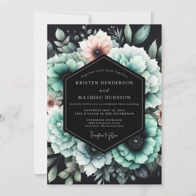 Teal & Blush Shadowy Bloom Wedding Einladung (Vorderseite)