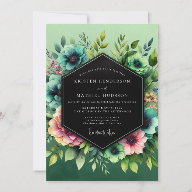 Teal Blush Vibrant Flora Wedding Einladung (Vorderseite)
