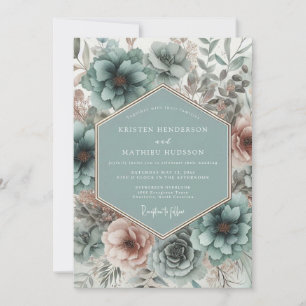 Teal-Blüten Hochzeit in Romantik Einladung