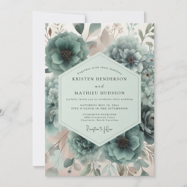 Teal-Blütenhochzeit Einladung (Vorderseite)