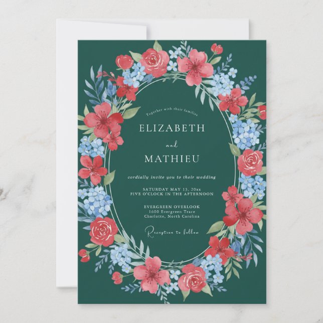 Teal-blütenhochzeit Einladung (Vorderseite)