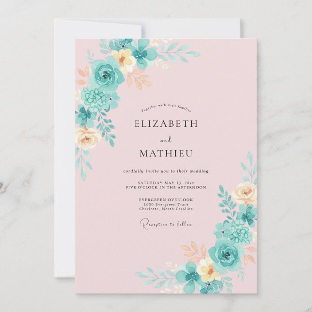 Teal-blütenmalerei-Hochzeit Einladung (Vorderseite)