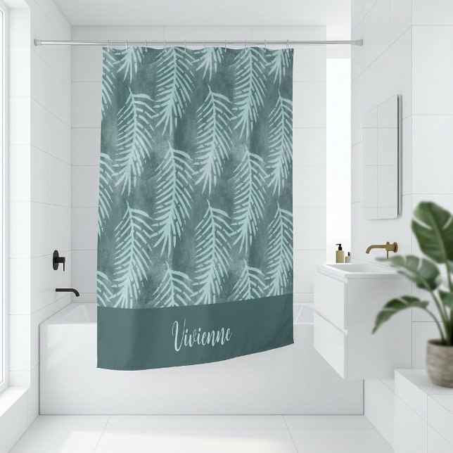Teal Boho Watercolor Tropical Leaf Monogram Duschvorhang (Teal Boho Watercolor Tropical Leaf Monogram Shower Curtain)