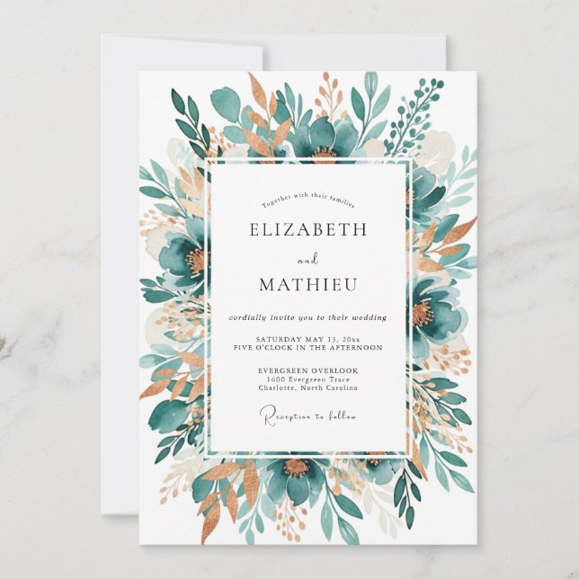 Teal Botanical Bloom Wedding Einladung (Vorderseite)