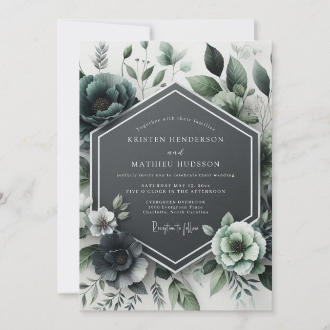 Teal Botanical Bloom Wedding Einladung (Vorderseite)