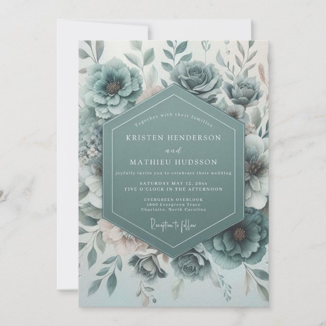 Teal Botanical Bloom Wedding Einladung (Vorderseite)