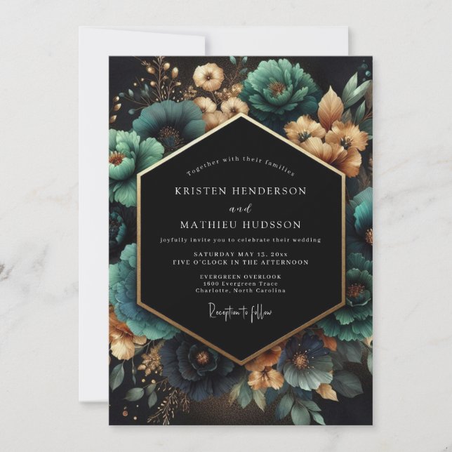 Teal Botanical Opulent Wedding Einladung (Vorderseite)