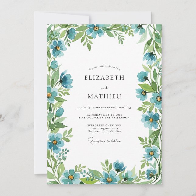Teal Botanical Spring Wedding Einladung (Vorderseite)
