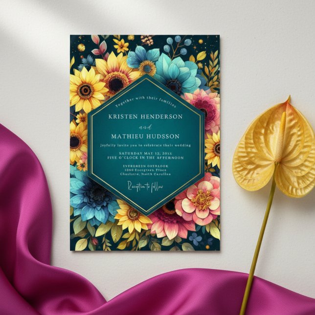 Teal Botanische Blütenhochzeit Einladung (Von Creator hochgeladen)
