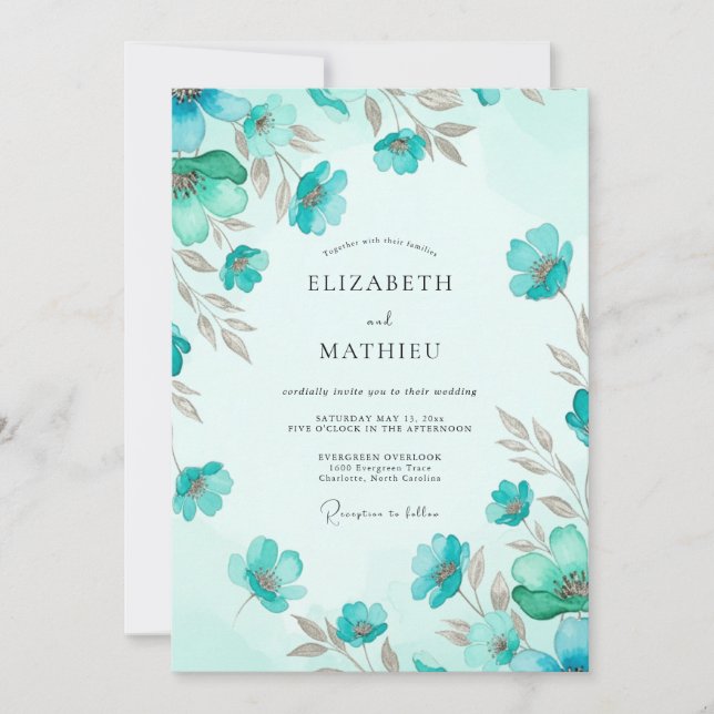 Teal Breezy Meadow Hochzeit Einladung (Vorderseite)