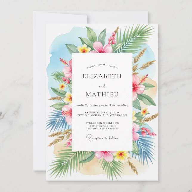 Teal Breezy Tropical Wedding Einladung (Vorderseite)