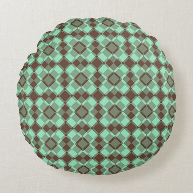 Teal Brown Checker Argyle Pattern Rundes Kissen (Vorderseite)