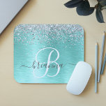 Teal Brushed Metal Silver Glitter Monogram Name Mousepad<br><div class="desc">Easily personalize this trendy chic mouse pad design featuring pretty silver sparkling glitter on a teal brushed metallic background.</div>