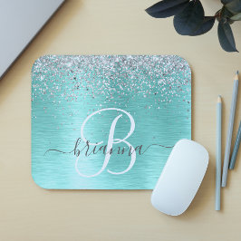 Teal Brushed Metal Silver Glitter Monogram Name Mousepad