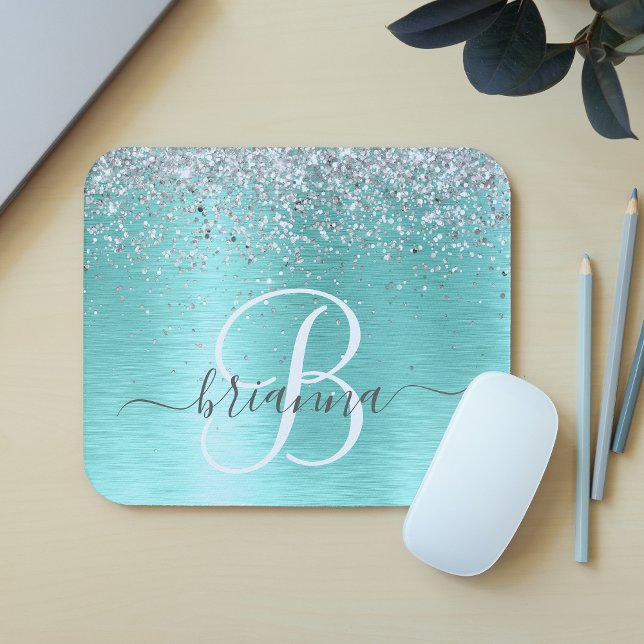 Teal Brushed Metal Silver Glitter Monogram Name Mousepad (Von Creator hochgeladen)