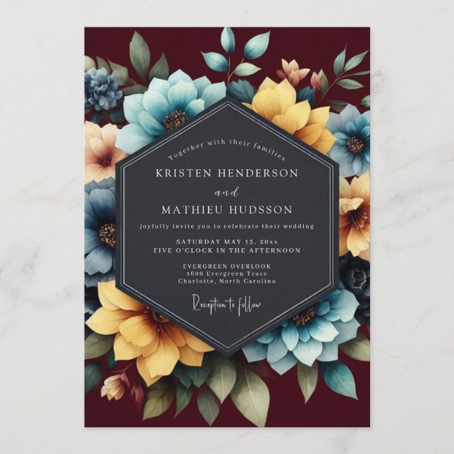 Teal & Burgundy Painterly Bloom Wedding Einladung (Vorderseite)