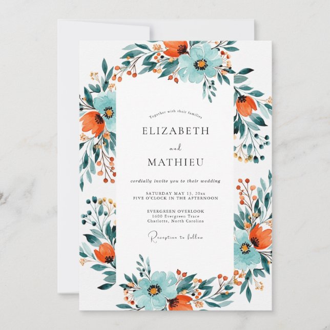 Teal Burnt Orange Dynamic Botanical Wedding Einladung (Vorderseite)