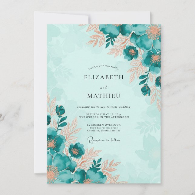 Teal Captivating Botanical Wedding Einladung (Vorderseite)