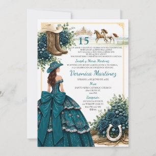 Teal Charra Quinceañera-Einladung mit Western-Stie Einladung